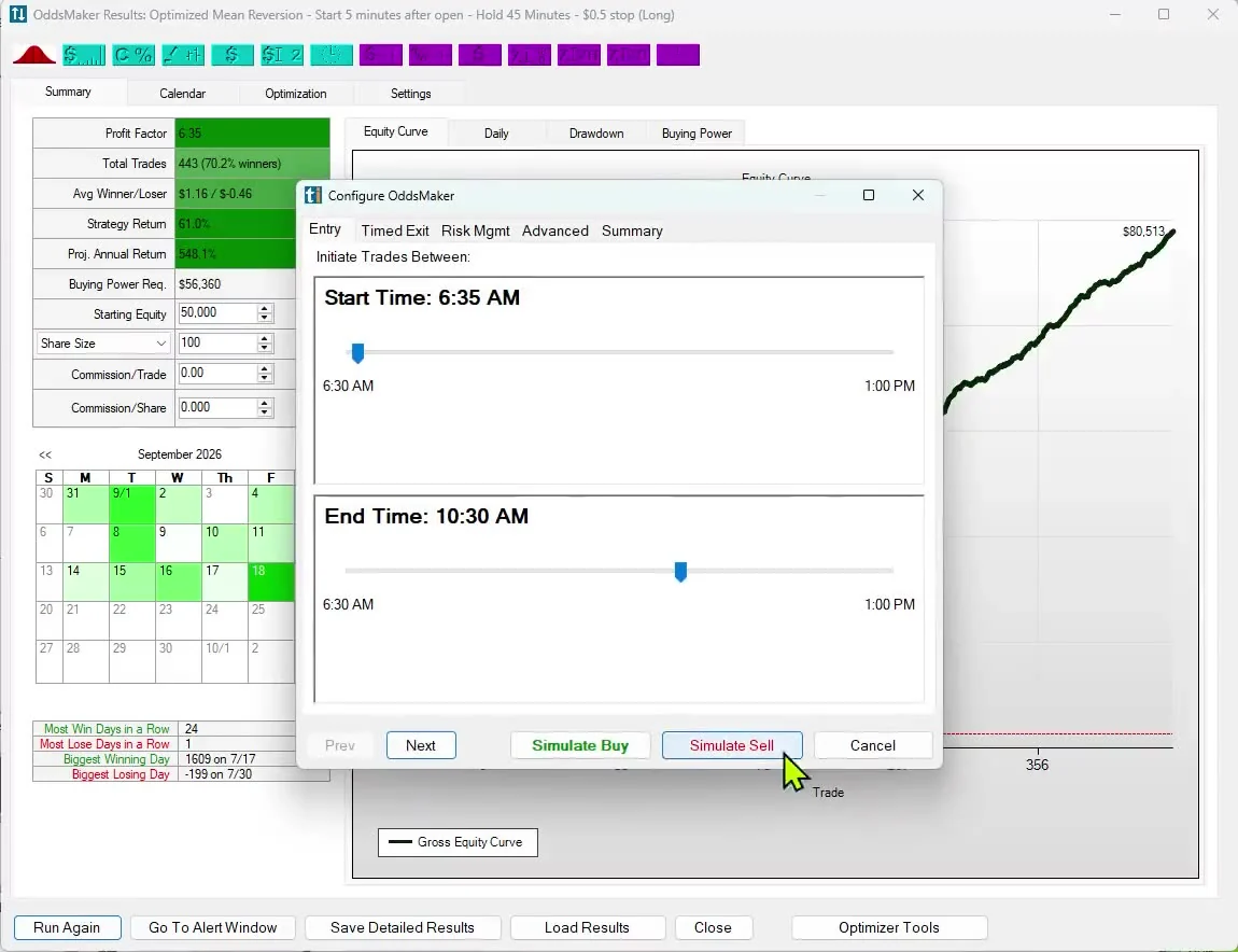OddsMaker settings and results window in Trade Ideas