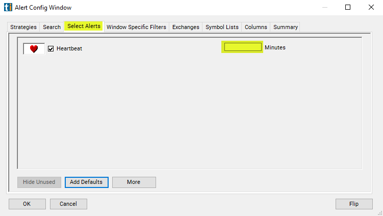 The TI Pro Alert Config Window on the Select Alerts tab with only Heartbeat checked and an optional Minutes box