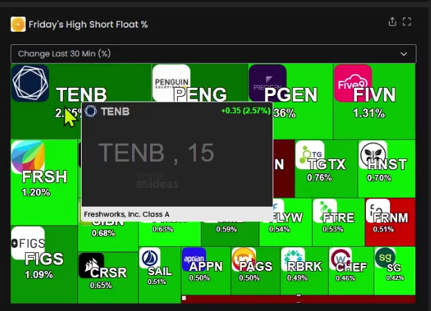 Hovering over a tile in the High Short Float heat map opens a snapshot chart without a click